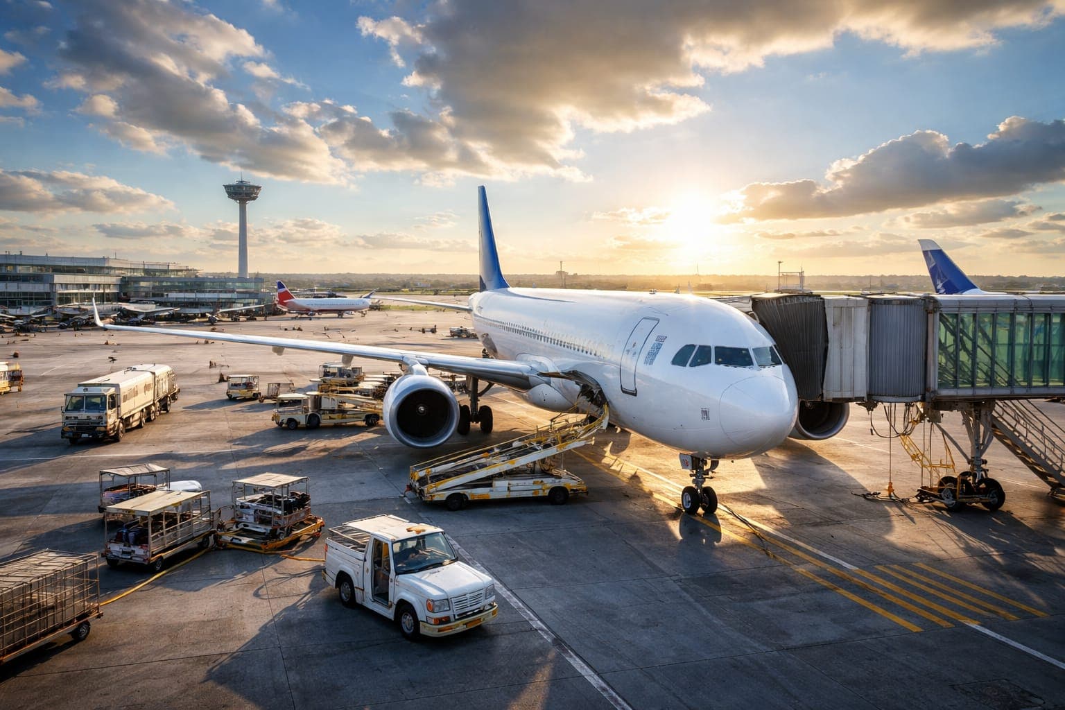 Passenger aircraft positioned at the gate for airport operations